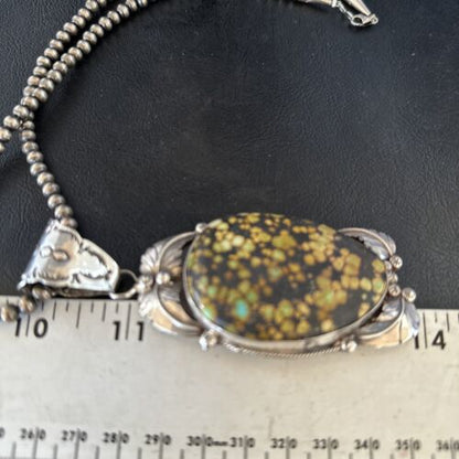 Navajo Green Spiderweb Turquoise Pendant Necklace | Sterling Silver Beads | Authentic Native American Handmade | 14806
