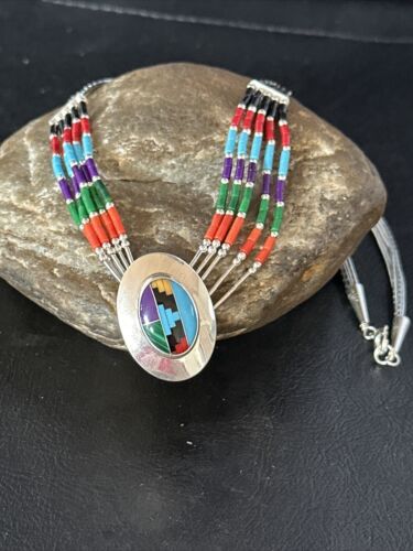 Multi-Color Liquid Silver Heishi 5-Strand Necklace | Sterling Silver Pendant | 14825