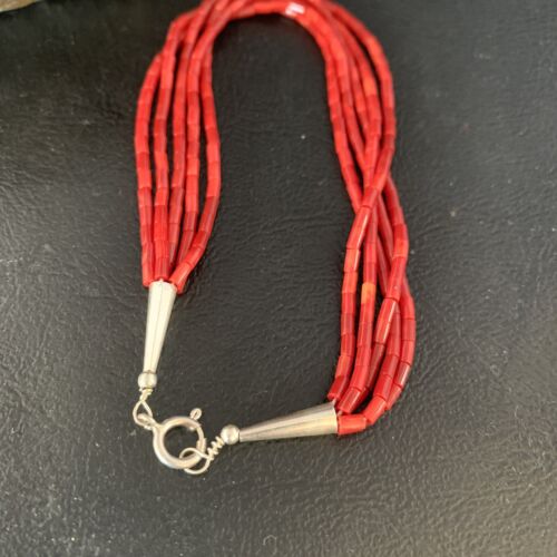 Handmade Liquid Silver 5-Strand Red Apple Coral Heishi Bracelet | Sterling Silver | 7.5" | 13610