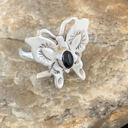 Southwestern Navajo Black Onyx Butterfly Ring | Sterling Silver | Adj Sz 8 | 10384