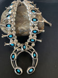 Navajo Kingman Turquoise Shadowbox Squash Blossom Necklace | Sterling Silver | Authentic Native American Handmade | 13108