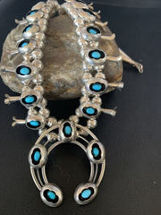 Navajo Kingman Turquoise Shadowbox Squash Blossom Necklace | Sterling Silver | Authentic Native American Handmade | 13108