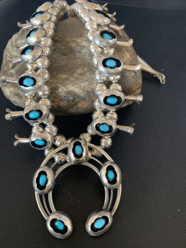 Navajo Kingman Turquoise Shadowbox Squash Blossom Necklace | Sterling Silver | Authentic Native American Handmade | 13108