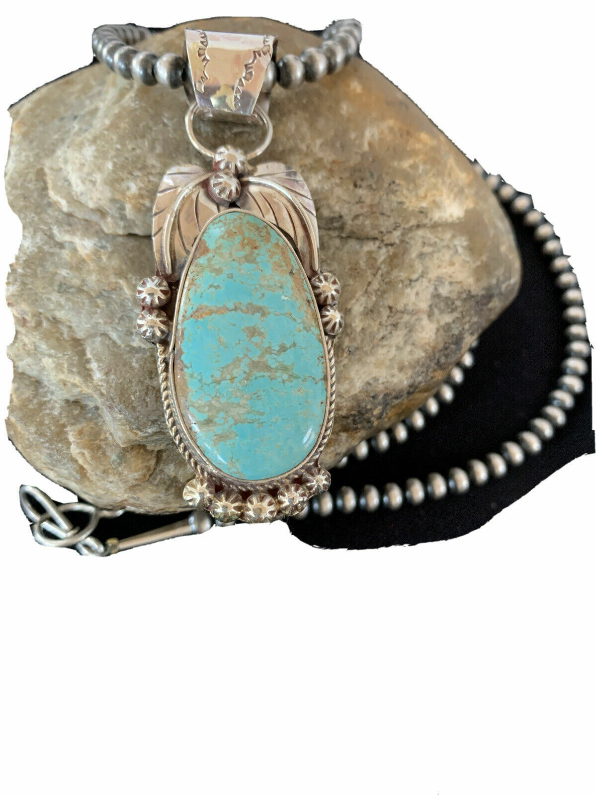 Men's Navajo Pearls Necklace Pendant | Sterling Silver | Blue Turquoise #8 | Authentic Native American | 906