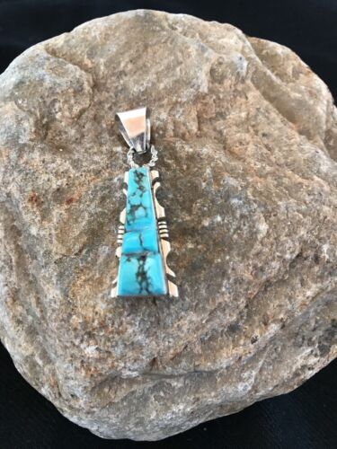 Kingman Turquoise Sterling Silver Pendant | Navajo Inlay Design | Signed | 21" Necklace | 3409