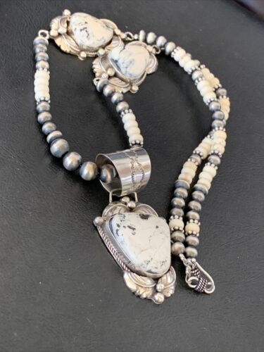 Navajo Pearls White Buffalo Turquoise Necklace Pendant | Sterling Silver | Authentic Native American Handmade | 10868