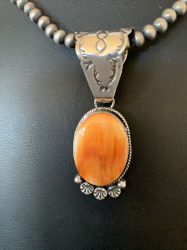Navajo Orange Spiny Oyster Pendant Necklace | Sterling Silver | Authentic Native American Handmade | 13085