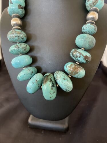 Navajo Blue Turquoise Necklace | Chunky Graduated Sterling Silver Pearls | Authentic Native American Handmade | 19" | 11350 - Masha USA
