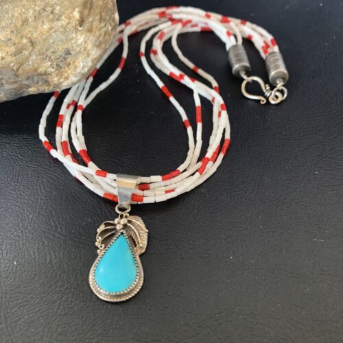 Navajo Red White Coral Turquoise Pendant | Sterling Silver Necklace 18" | Multi-Strand | 12056