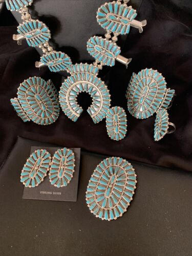 Navajo Blue Turquoise Squash Blossom Necklace | Sterling Silver | 7Pc Cluster Pendant | 12084