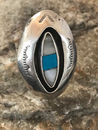 Navajo Kingman Turquoise & Mother of Pearl Ring | Sterling Silver Shadow Box | Sz 9 | 10207
