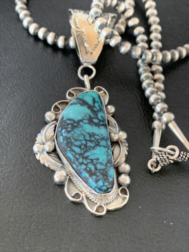 Men's Navajo Blue Spiderweb Turquoise Pendant Necklace | Sterling Silver | Authentic Native American Handmade | 10661