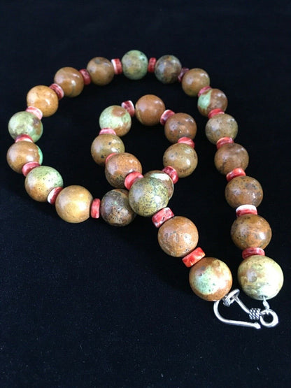 Navajo Green Turquoise & Orange Spiny Oyster Necklace | Sterling Silver | 17" | Authentic Native American Handmade | 1742