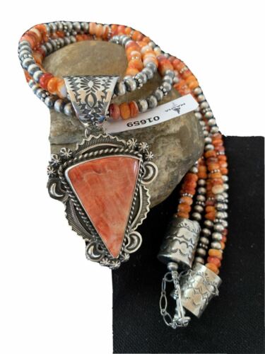 Navajo Red Spiny Oyster Pendant | Sterling Silver | Native American Handmade | Multi-Strand Necklace | 1659
