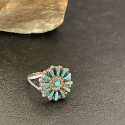 Zuni Blue Turquoise Multi-Stone Cluster Ring | Authentic Native American Sterling Silver Needle Point | Sz 7 | 10741