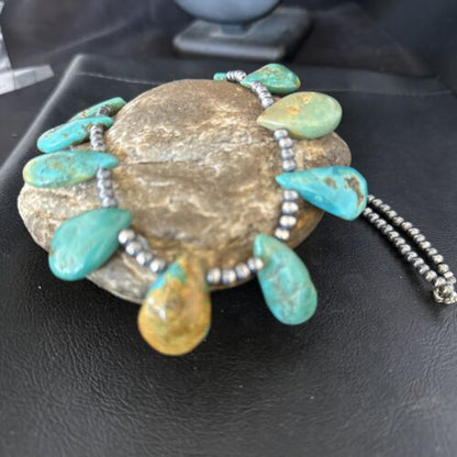 Southwestern Navajo Pearls Necklace | Sterling Silver | Blue Turquoise Teardrop | 14300