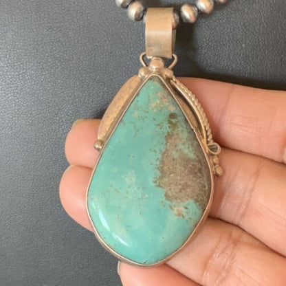 Men's Navajo Pearls Necklace with Blue Kingman Turquoise Pendant | Sterling Silver | Native American Handmade | 12600