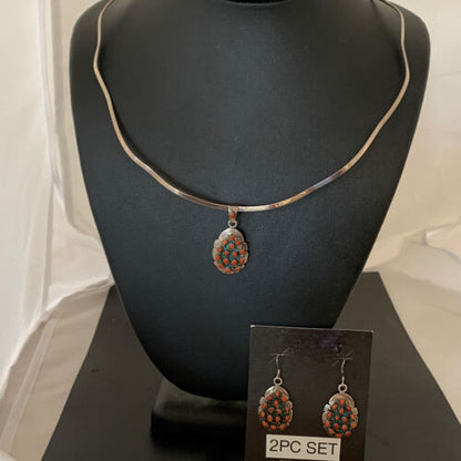 Navajo Sterling Silver Red Coral Cluster Pendant Earrings Set | Authentic Native American Handmade | 02155