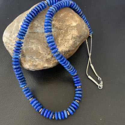 Men's Blue Lapis Bead Necklace | 8mm Liquid Silver Heishi | Sterling Silver | 24" | 12775