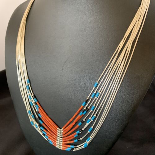 Multi-Color Liquid Silver Heishi Necklace | 10 Strand Sterling Tubes | Native American Handmade | 12300