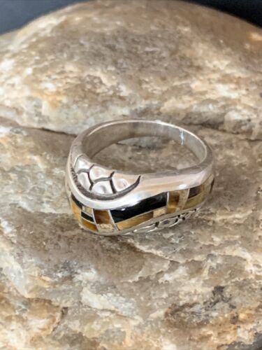 Navajo Black Onyx Coffee Tigers Eye Inlay Ring | Sterling Silver | Sz 7 | 10793