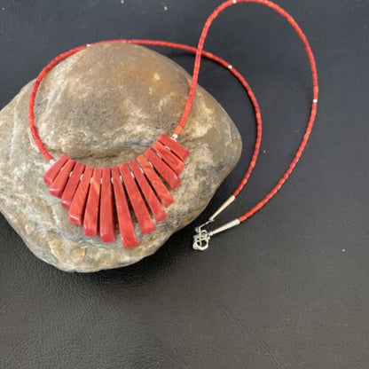 Navajo Apple Coral Heishi Fan Bead Necklace | Sterling Silver Tube | 20" | Authentic Native American Handmade | 10476 - Masha USA