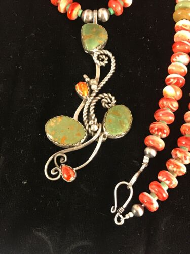 Navajo Green Turquoise & Spiny Oyster Pendant Necklace | Authentic Native American Sterling Silver | Multi-Stone | 8486