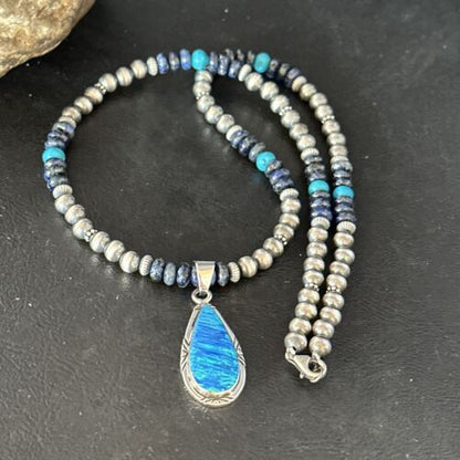 Navajo Turquoise Lapis Necklace with Opal Pendant | Sterling Silver | Authentic Native American Handmade | 14366