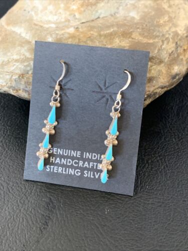 Zuni Handmade Kingman Turquoise Needle Point Dangle Earrings | Sterling Silver | 13024