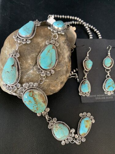 Navajo Sterling Silver Lariat Necklace 30" | Blue #8 Turquoise Earrings | Native American Handmade | 13770