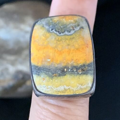 Navajo Yellow Bumble Bee Jasper Ring | Sterling Silver | Sz 8 Adjustable | Authentic Native American Handmade | 14015