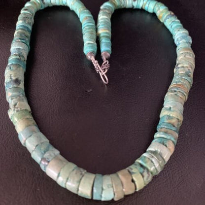 Native American Green Turquoise Heishi Bead Necklace | 12mm | Sterling Silver | Handmade | 22" | 13570 - Masha USA