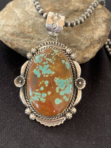 Men's Navajo Pearls Necklace Pendant | Sterling Silver | Blue Turquoise #8 | Authentic Native American Handmade | 00527
