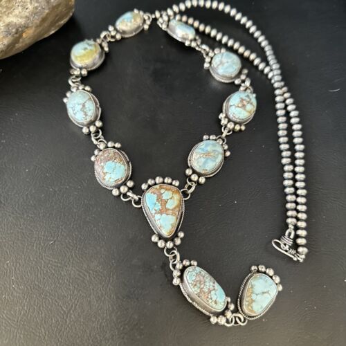 Navajo Golden Hills Turquoise Lariat Necklace | Sterling Silver | Authentic Native American Handmade | 14407