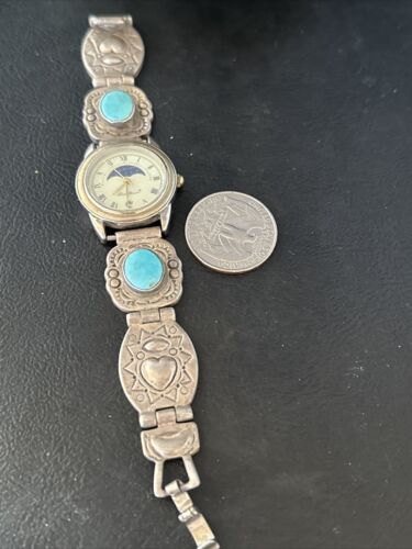Old Pawn Women's Blue Turquoise Navajo Sterling Silver Watch Tips | Authentic Native American Jewelry | 14757