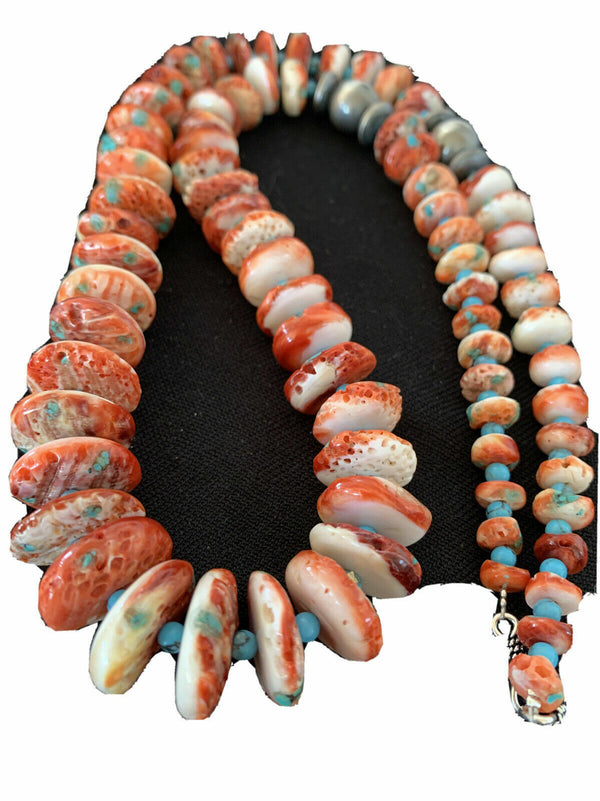 Navajo Red Spiny Oyster & Turquoise Necklace | Sterling Silver Graduated Navajo Pearls | Authentic Native American | 28" | 00912