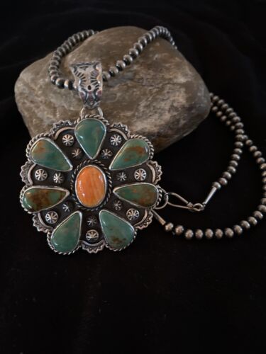 Navajo Spiny Oyster & Turquoise Cluster Pendant Necklace | Authentic Native American Sterling Silver | Multi-Stone | 01118