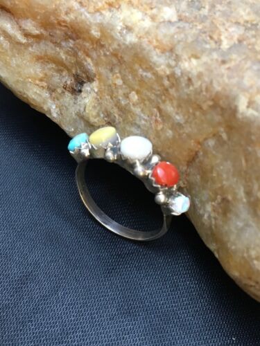 Southwestern Zuni Multi-Stone Ring | Blue Opal Coral Turquoise | Authentic Native American Sterling Silver | Multi-Stone | Sz 5.5 | 9000
