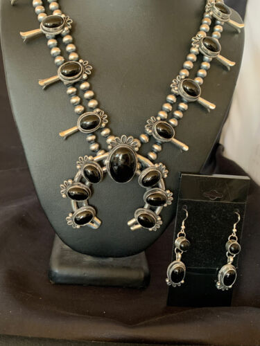 Navajo Pearls Black Onyx Squash Blossom Necklace | Sterling Silver | Authentic Native American Handmade | 12724