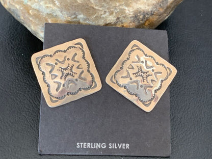 Native American Women's Post Earrings | 1" Navajo Sterling Silver Stamped | Handmade | 1655