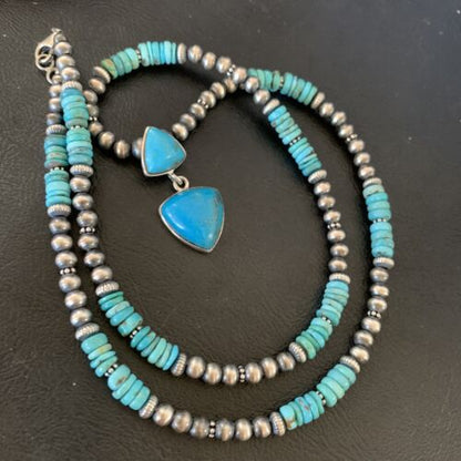 Navajo Pearl Necklace with Blue Cluster Turquoise Multi-Stone Pendant | Authentic Native American Sterling Silver | 12549