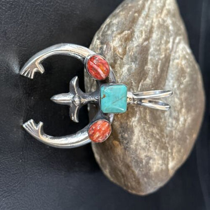Navajo Blue Turquoise Red Spiny Oyster Naja Pendant | Sterling Silver | Authentic Native American Handmade | 14679