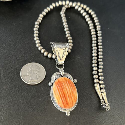 Navajo Pearls Orange Spiny Oyster Pendant Necklace | Sterling Silver | Authentic Native American Handmade | 14722
