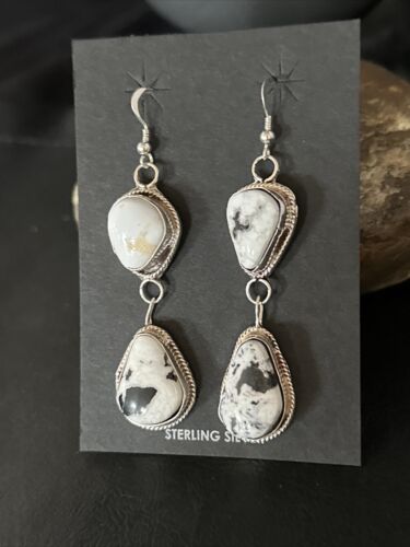 Navajo White Buffalo Turquoise Dangle Earrings | Sterling Silver | 2" | Authentic Native American Handmade | 14716