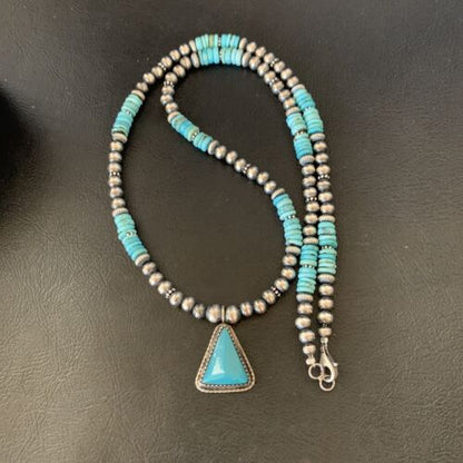 Men's Blue Turquoise Pendant Necklace | Navajo Pearls | Sterling Silver | Native American Handmade | 12616