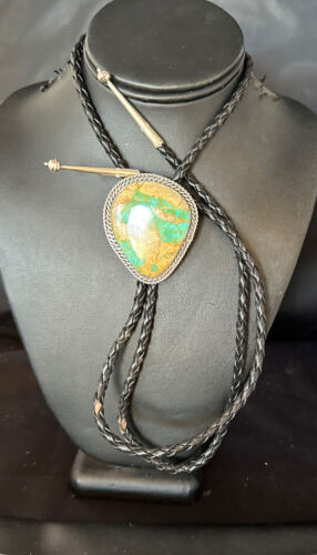 Navajo Green Royston Turquoise Bolo Tie | Sterling Silver | Authentic Native American Handmade | 14520 - Masha USA
