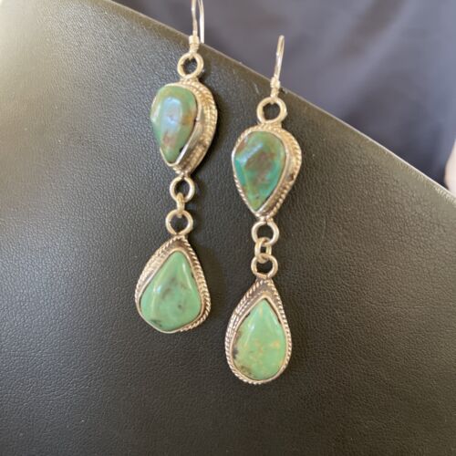 Navajo Royston Turquoise Dangle Earrings | Green Handmade | Sterling Silver | Authentic Native American | 1588