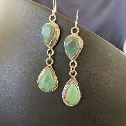 Navajo Royston Turquoise Dangle Earrings | Green Handmade | Sterling Silver | Authentic Native American | 1588