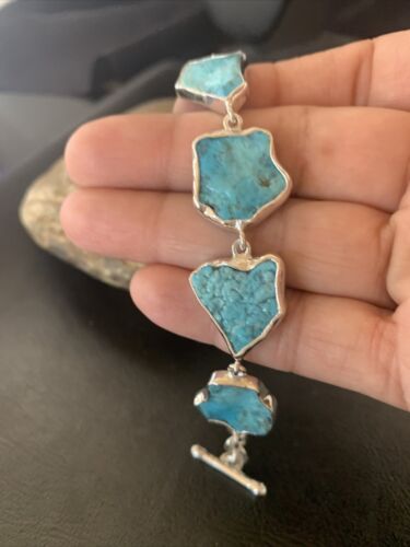 Navajo Blue Kingman Turquoise Rough Link Bracelet | Sterling Silver | 8" | 11648