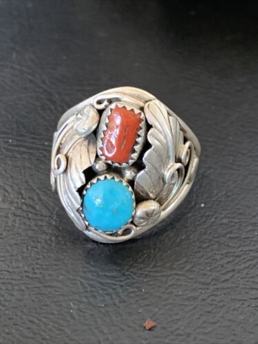 Navajo Blue Kingman Turquoise & Coral Feather Ring | Authentic Native American Sterling Silver | Multi-Stone | Sz 12 | 12217 - Masha USA
